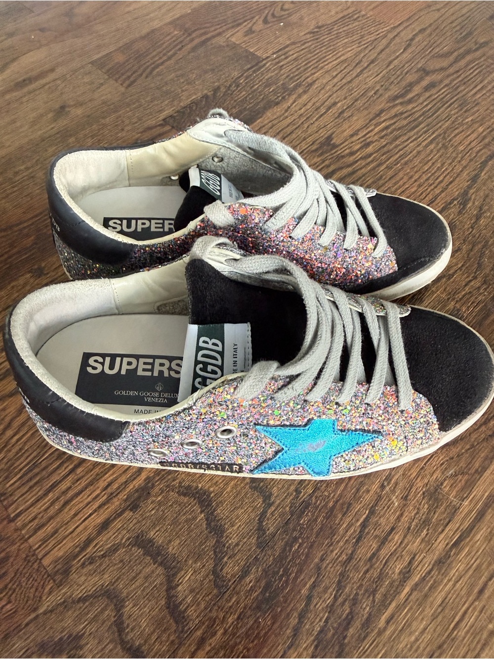 Golden Goose Holographic Glitter Sneakers with Blue Star Sz 35